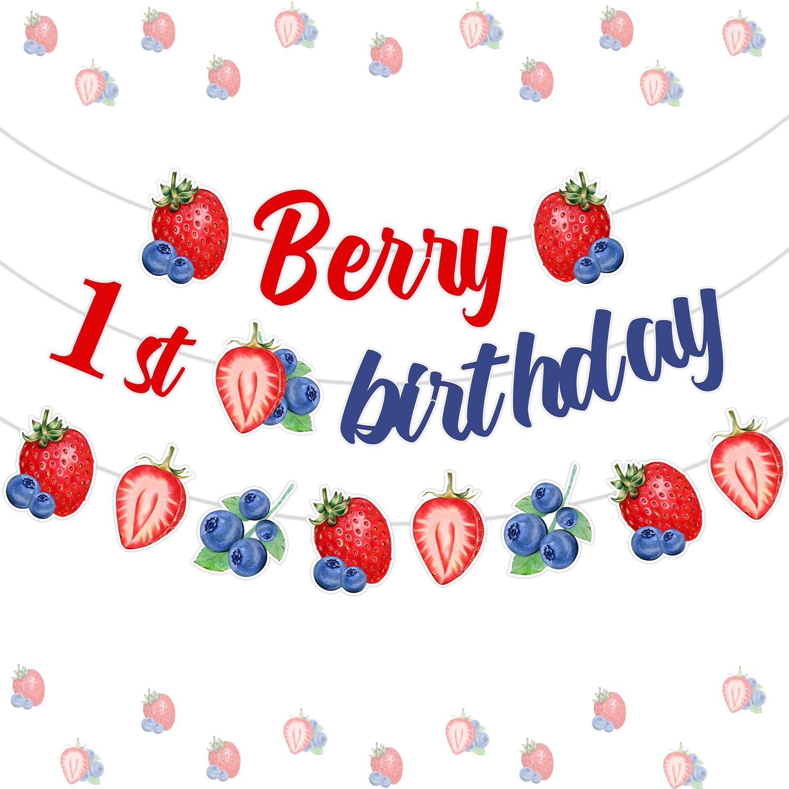 Photo 1 of Cheereveal Berry 1st Birthday Bunting Garlands for Girls - Red Blue Fruit Berry Theme Banners, Strawberry Blueberry First Birthday Party Decorations 1 year old