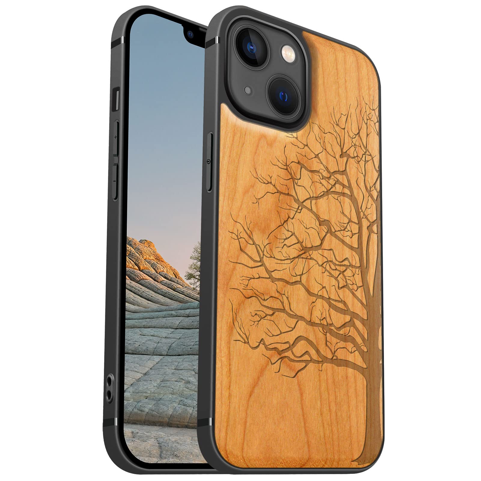 Carveit Magnetic Wood Case for iPhone 13 Case [Hard Real Wood & Soft TPU] Shockproof Hybrid Protective Cover Unique & Classy Wooden Case Compatible with MagSafe (Eternal Tree-Cherry)