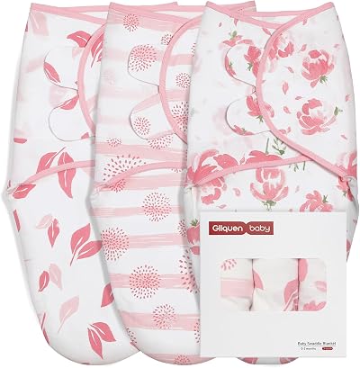 GLLQUEN BABY Baby Swaddle Wraps 0-3 Months Organic Cotton 3 Pack Flower