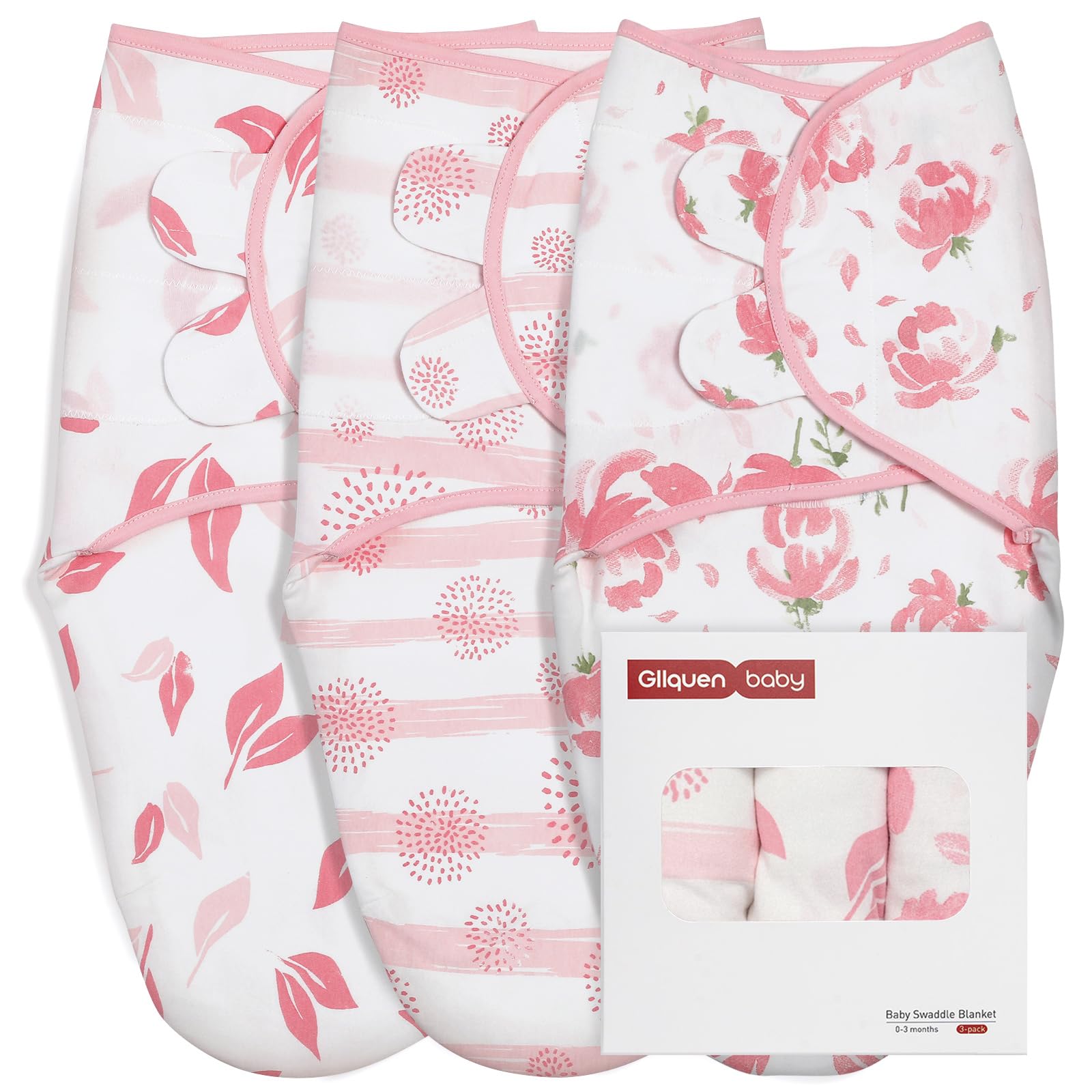 GLLQUEN BABY Baby Swaddle Wraps for 0-3 Months Newborn, Oeko-tex100,100% Breathable Organic Cotton Fabric Swadding Blankets,3 Pack (Flower)