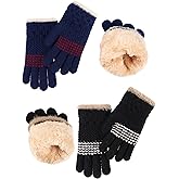 2 Pairs Kids Winter Knit Gloves Boys Girls Warm Thermal Cable Knitted Gloves 5-12 Year Wool Fleece Liner Mittens
