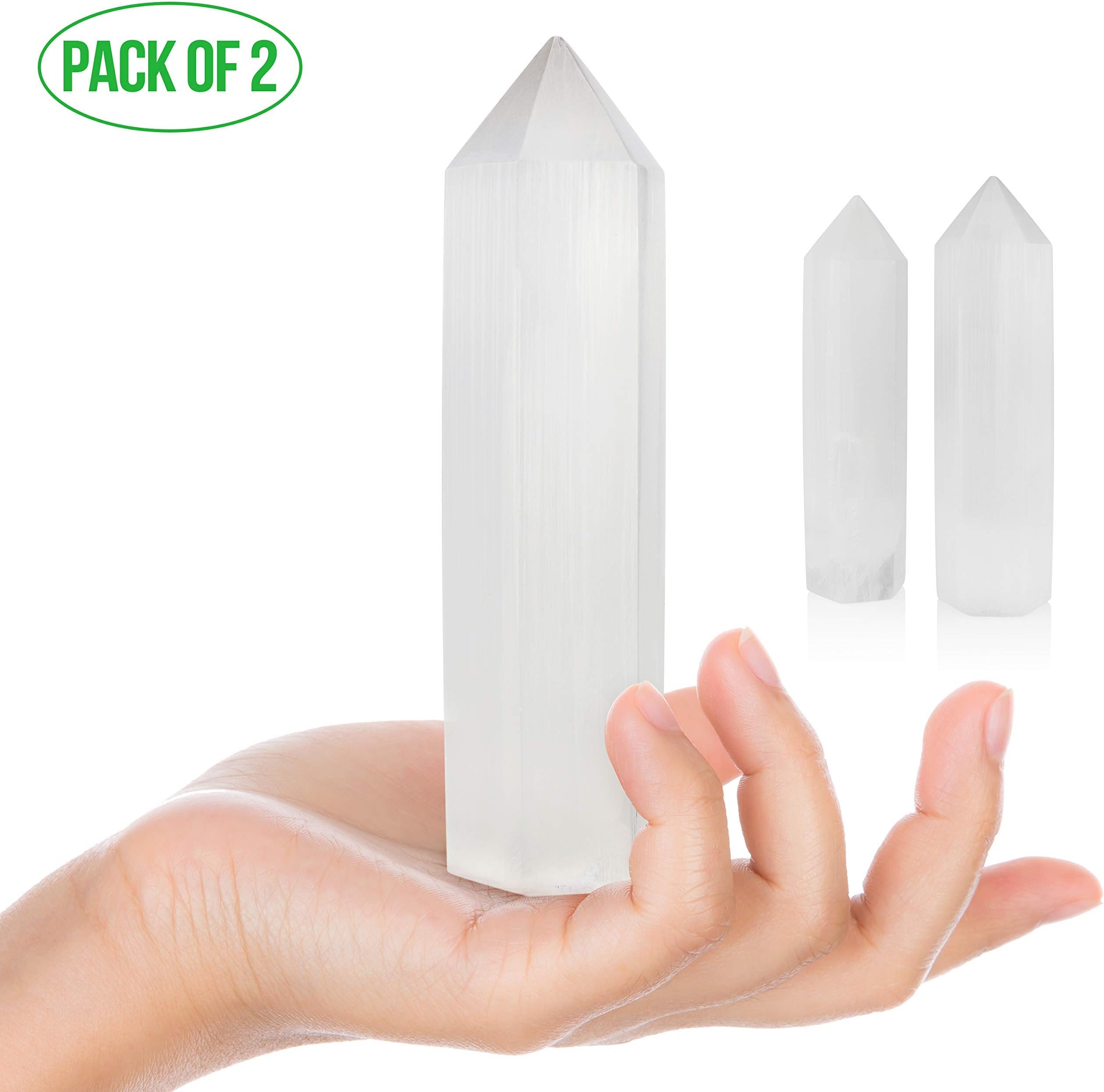 StrongHealer 5.75" Selenite Point Crystal Wand, Tower, Generator, Obelisk, Pillar, for Reiki, Meditation, Massage, Spiritual Healing, Relaxation, or Collection of Healing Crystals and Stones (2)