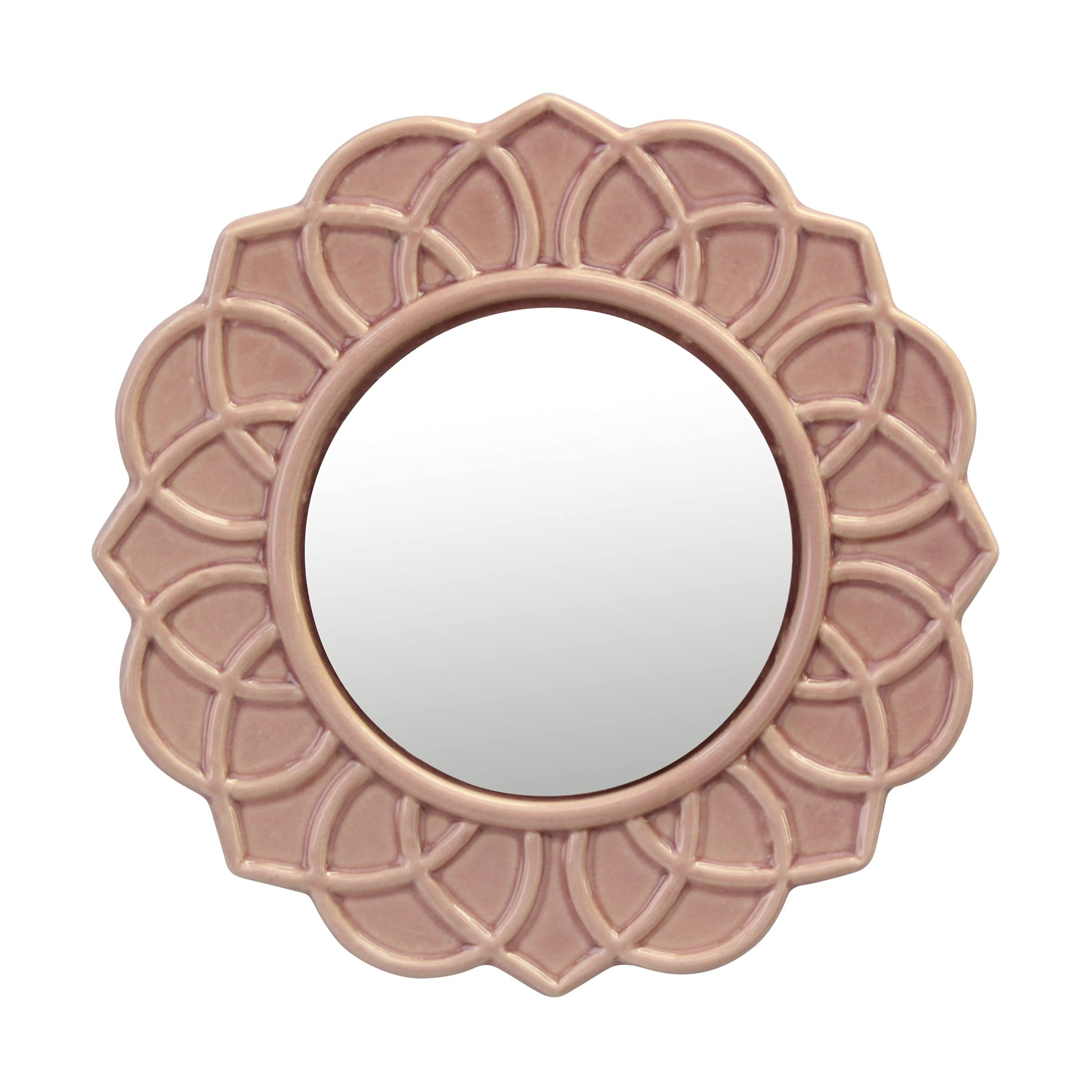 Stonebriar Decorative 9" Pale Pink Round Floral Ceramic Accent Wall Mirror with Attached Hanging Loop, Decorative Decor for The Living Room, Bedroom, Bathroom, Hallway, and Entryway