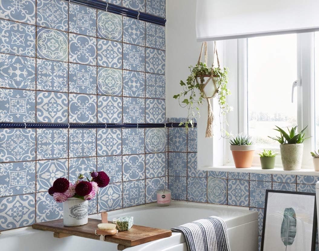 LPS Pack of 9 Mixed blue Victorian Moroccan retro traditional aged style Mosaic style tile transfers stickers bathroom kitchen stick on wall tile peel and stick Trendy retro - Image 3