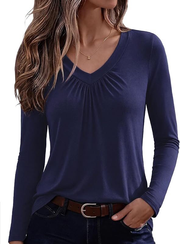 Haut Femme T Shirt Col V Plissé Manches Longues Coupe Ample Chic