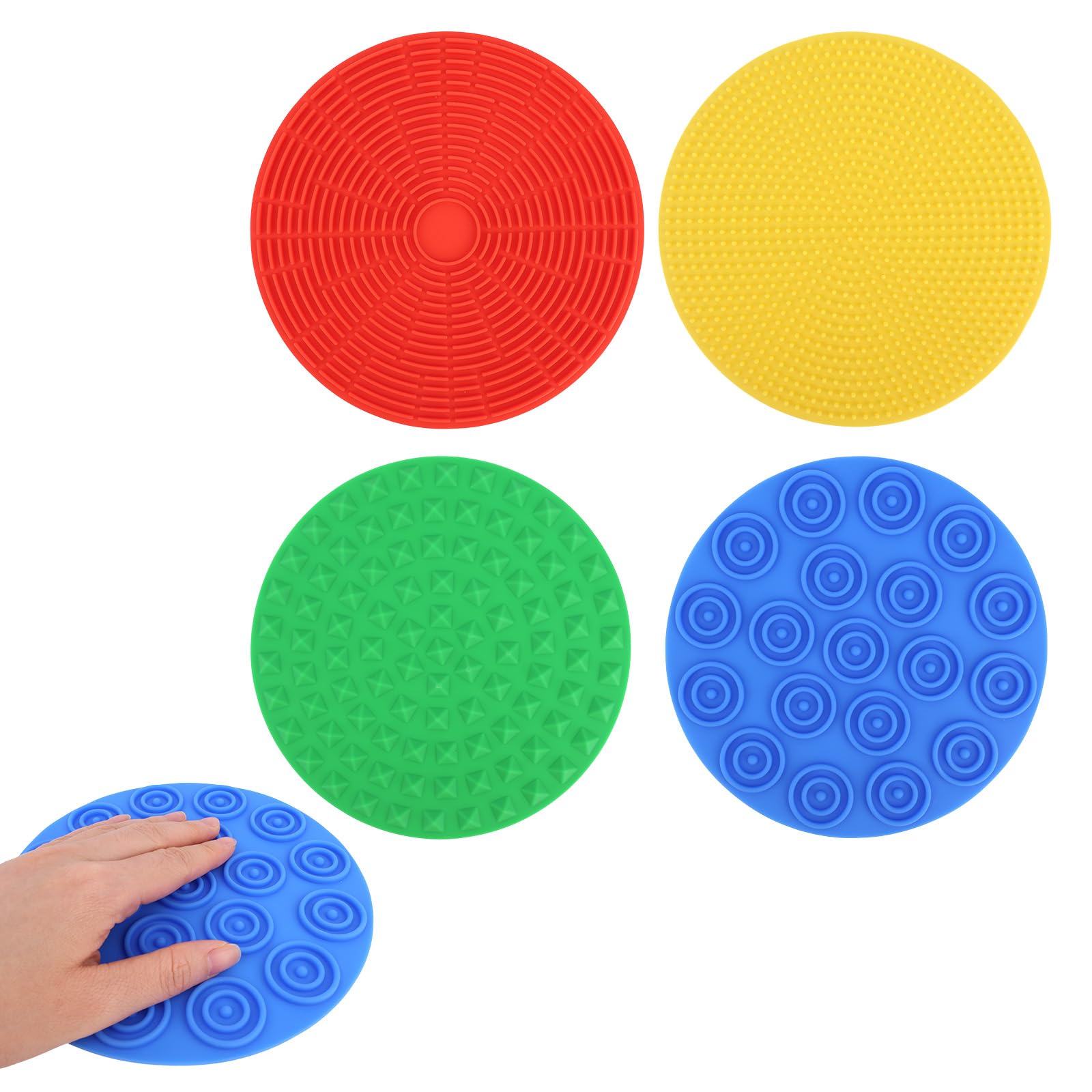 4pcs Silicone Tactile Pads, 4 Styles Soft Textured Pads for Kids Calm Down Item Tactile Mats Fidget Wall Toys for Women Men Elderly (Blue, Yellow, Green, Red)