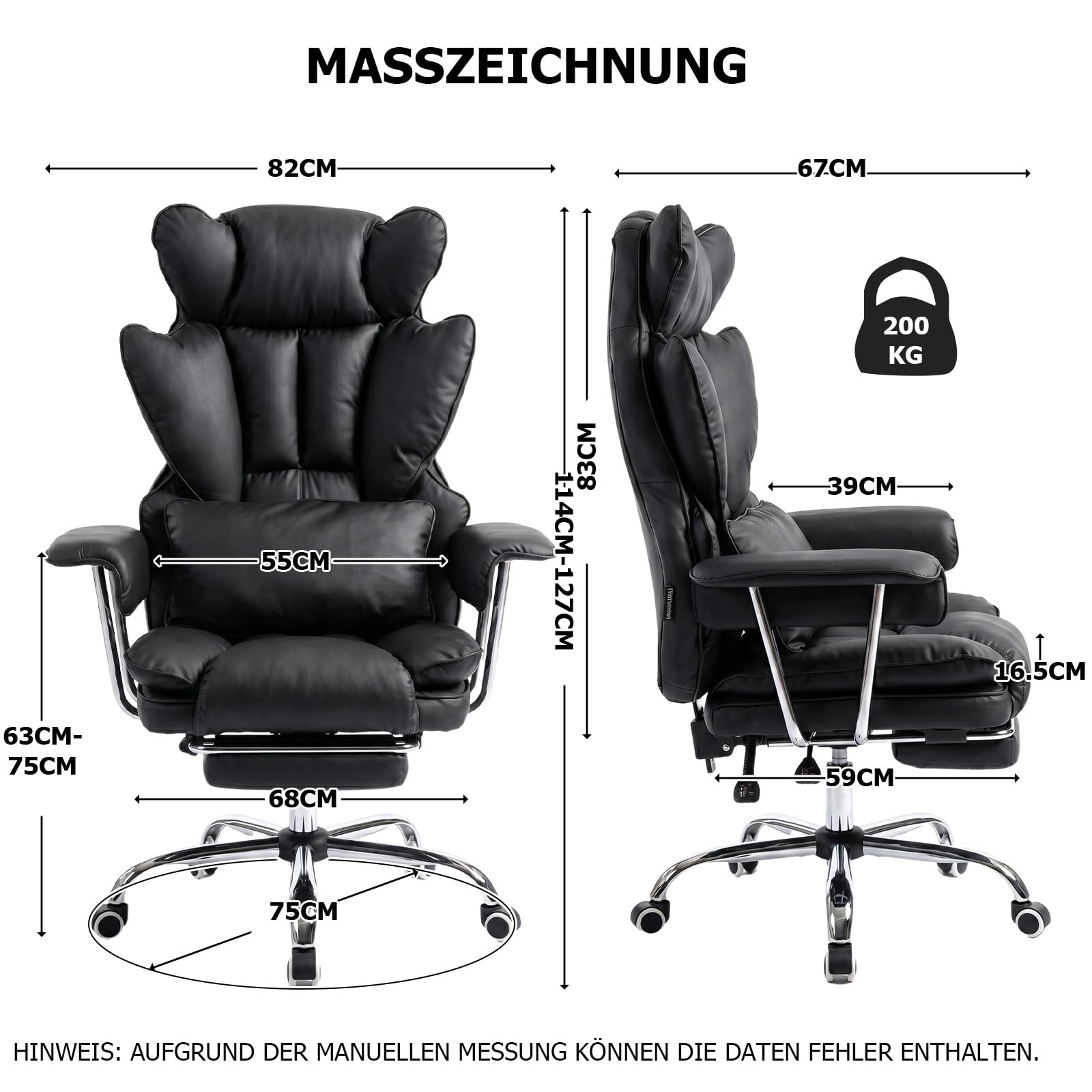 Ergonomischer Chefsessel Bürostuhl Gaming Stuhl Hochlehner mit Fußstütze &verstellb. Lendenstütze, 200 kg belastbar, Extra breiter Sitz,90°–135° Rückenlehne, Polsterung, Modern Büro/Homeoffice,Schwarz 2