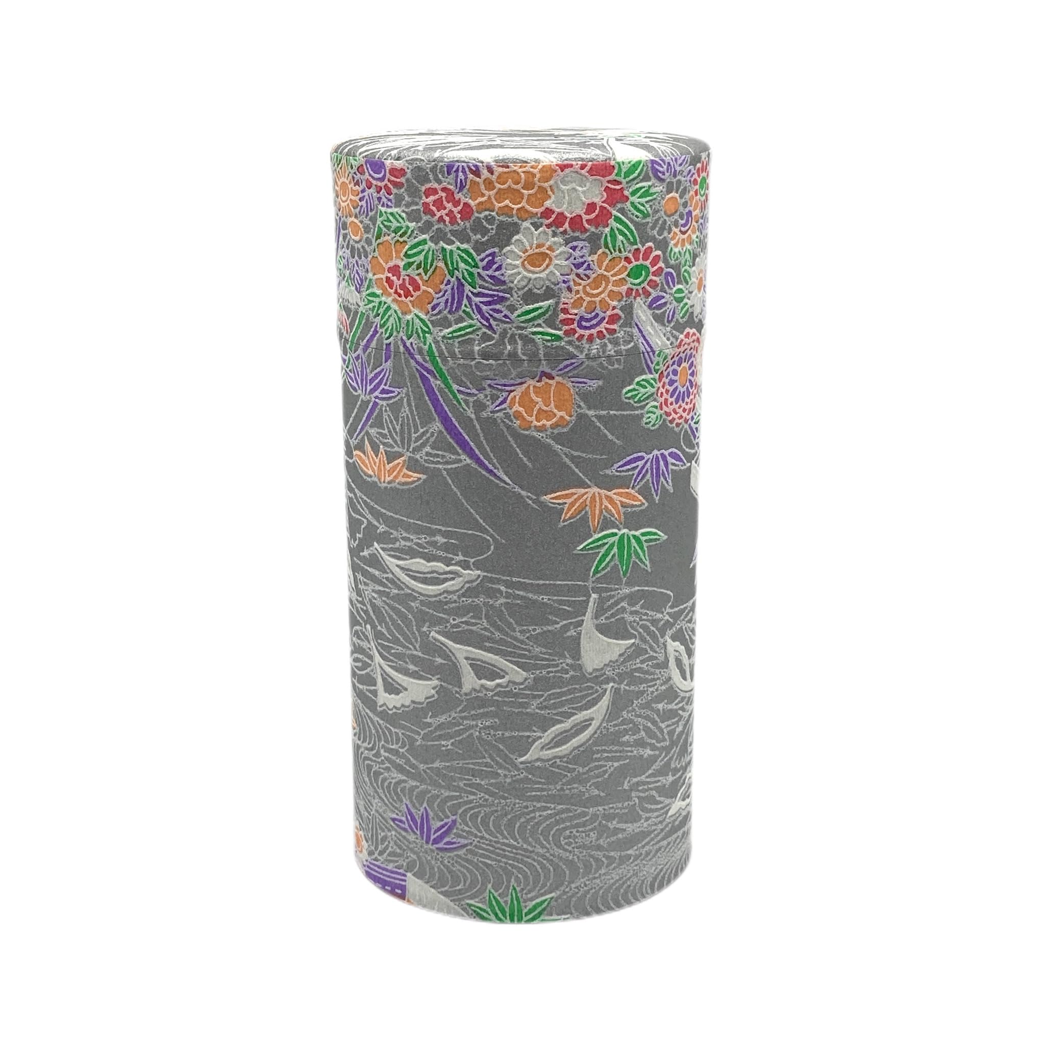 Photo 1 of ??????? Japanese Tea Canister Tin Waterside Flowers Silver Color/Double Lid/Japanese Washi Paper Pasted /200g Tea Capacity/Loose Leaf Tea Storage/Storage Container with Lid