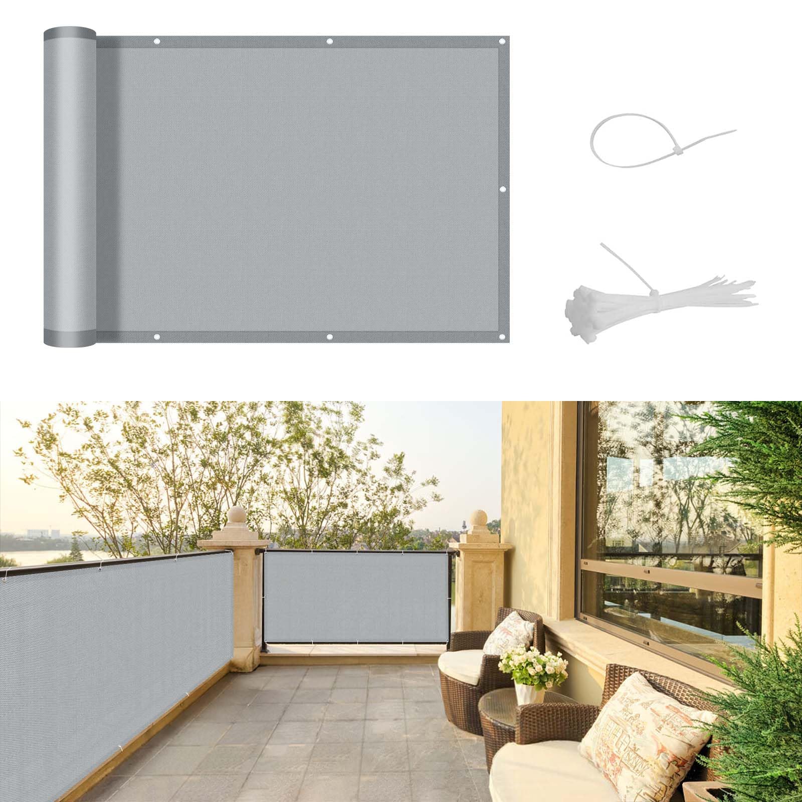 SUNNY GUARD Balcony Privacy Screen 90x300cm Fence Screen for Balcony and Patio Cover,UV protection waterproof and windproof,with Cable Ties,Grey
