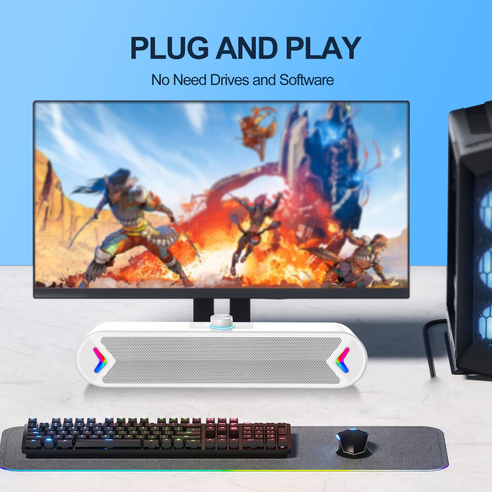 LENRUE コンピュータースピーカー、有線USB電源PCスピーカー、10Wステレオサウンド、PCデスクトップコンピューター用サウンドバースピーカー(ホワイト)