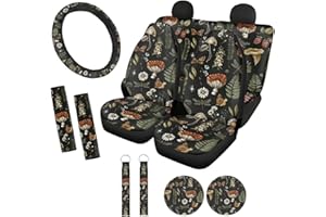BYCHECAR Mushroom Car Seat Covers Daisy Seat Covers for Car for Women Steering Wheel Cover,Seat Belt Pads,Front Back Seat Protectors,Coasters,Wristlet Keychain,Universal Fit Truck SUV Van