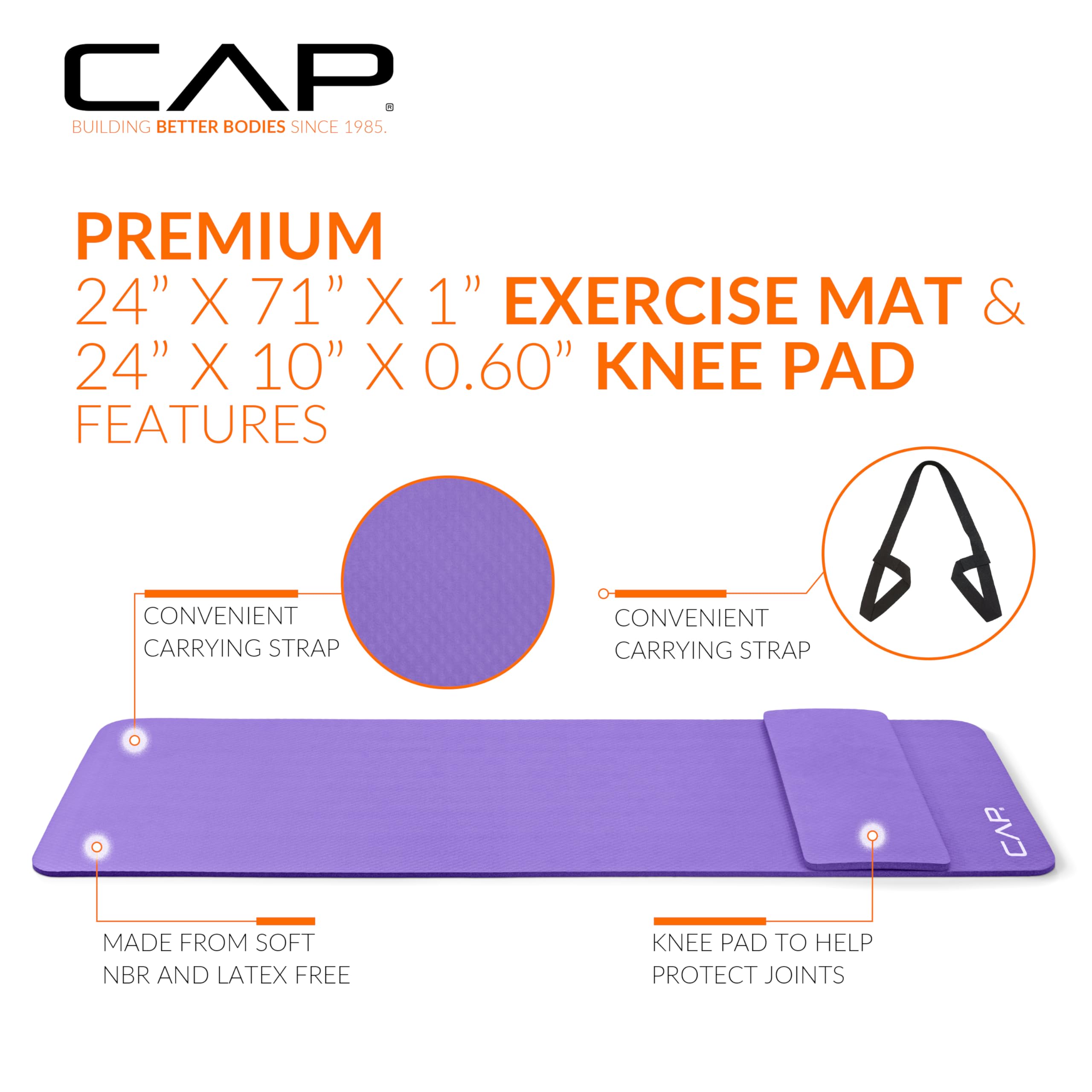 CAP Barbell High Density Exercise Yoga Mat with strap and Knee Pad 71"x24"x1/2" PURPLE - Image 3