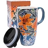 Coffee Ceramic Mug Porcelain Latte Tea Cup With Lid 17oz. Romantic