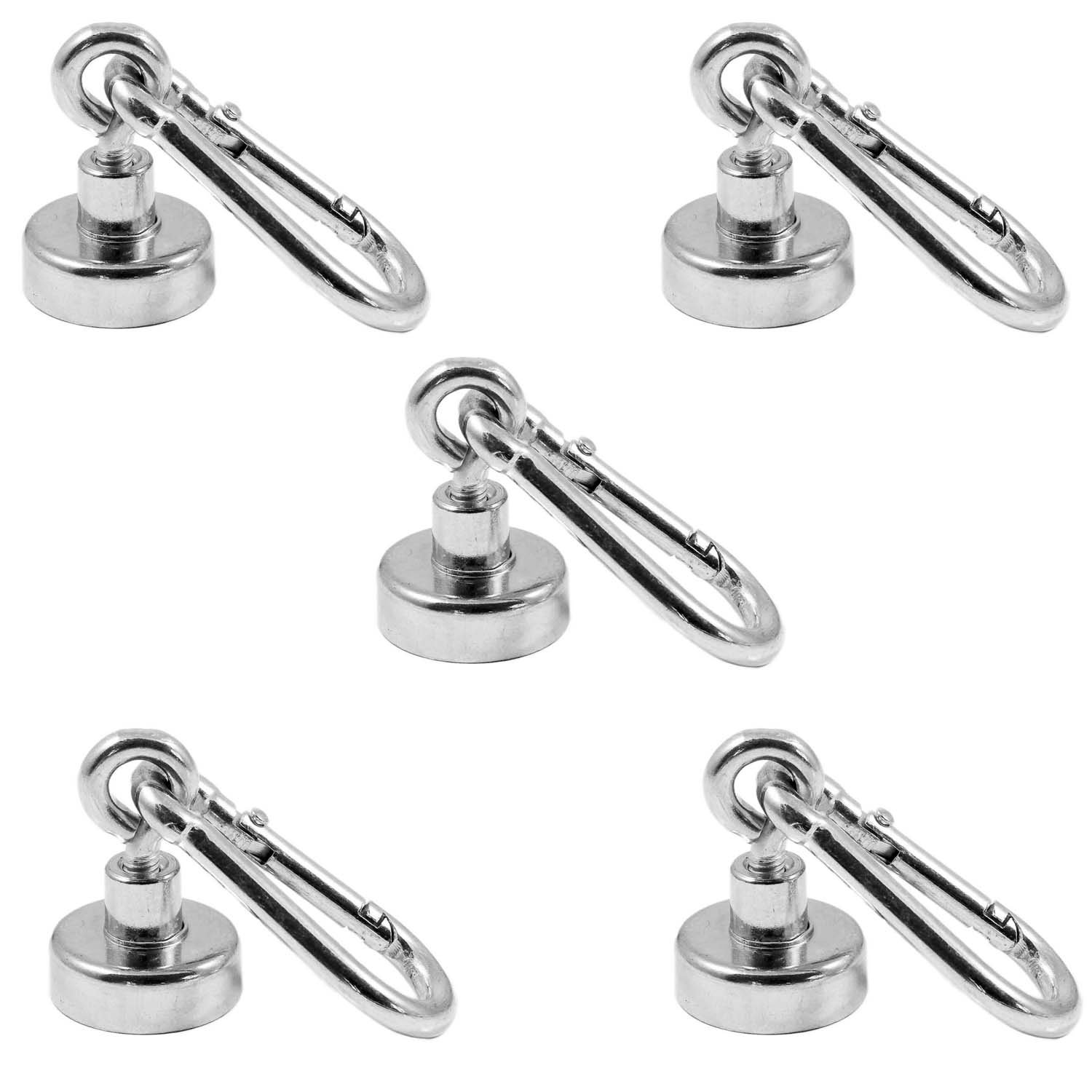 Magnetastico® | 5X Neodymium Eyelet-Carabiner Magnets N35 20 mm Ø | Holding Force 9 kg | 5 Strong Neodymium Pot Magnets snap Hook with Eye, Loop & galvanised | Magnetic karabiner eyebolts