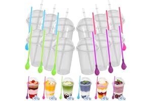 12 Sets Slushie Cups with Dome Lids and Straws, 16 oz Reusable Iced Coffee Cups, Plastic Smoothie Tumbler with Detachable Spo