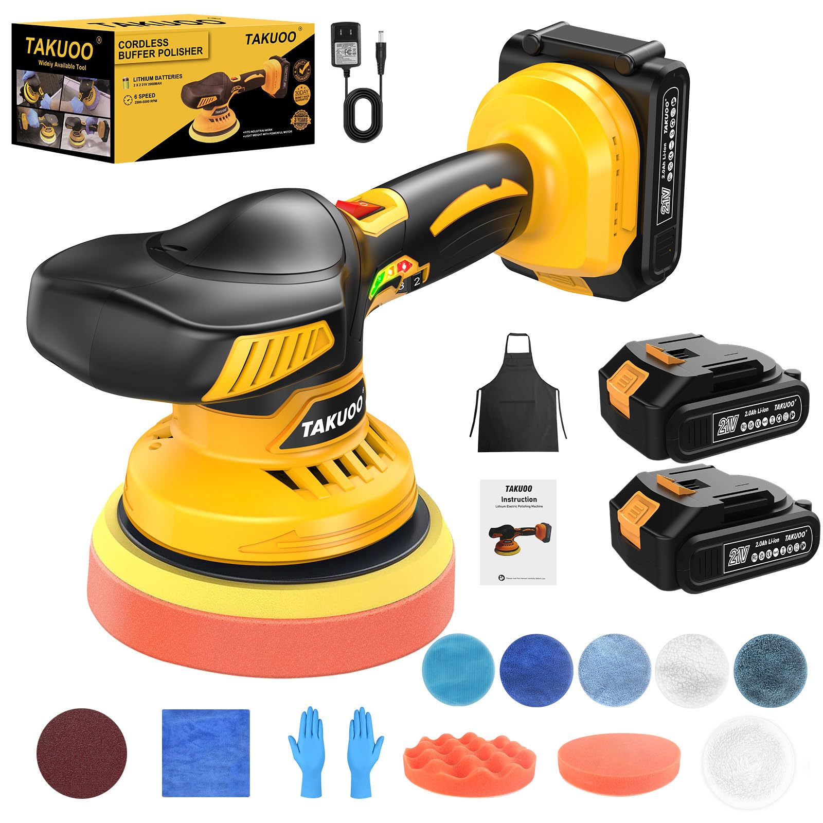 Photo 1 of Takuoo Cordless Car Buffer Polisher, 6 Inch Portable Wireless Polishing Waxer Machine Kit with 2Pcs 21V 2.0Ah Battery, 6 Variable Speed Orbital Polisher for Car Detailing Waxing with 9Pcs Attachments