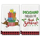 Yarcooly Dachshund Christmas Kitchen Towels Christmas Dog Dish Towels Buffalo Plaid Christmas Kitchen Decor Dachshund New Year Xmas Decor Christmas Decorations for Home Party