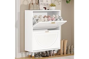 howcool Shoe Storage Cabinet with 2 Flip Drawers, Slim Wooden Freestanding Shoe Cabinet, Hidden Narrow Shoes Rack Organizer for Entryway Hallway, Holds 16 Pairs, 24" W, Small, Classic White