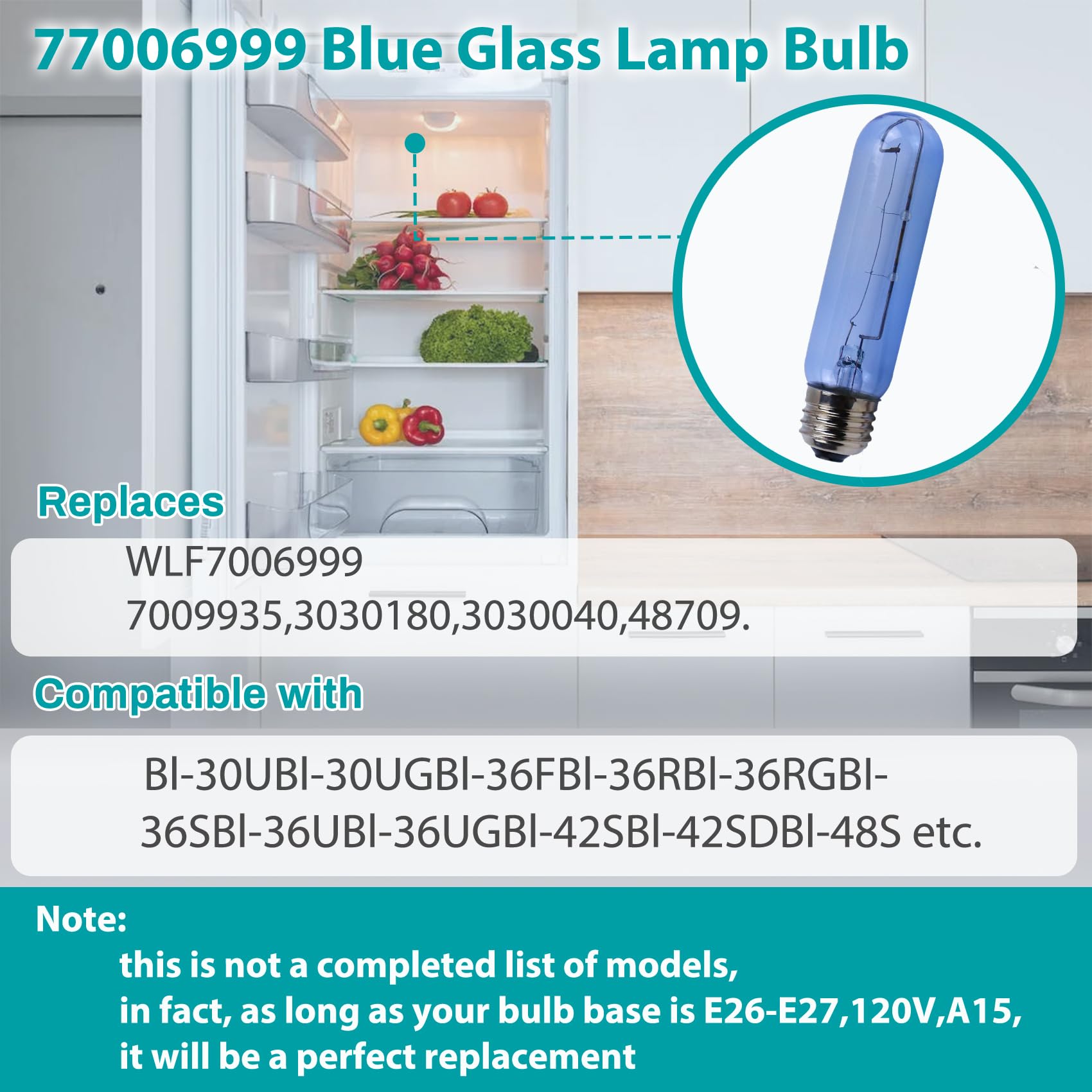 Upgrade 7006999 Blue Glass Replacement Bulb Compatible with sub-Zero Refrigerator,7006999 Freezer Refrigerator Light Bulb E26 40W Cool Blue Bulbs - 4 Pack