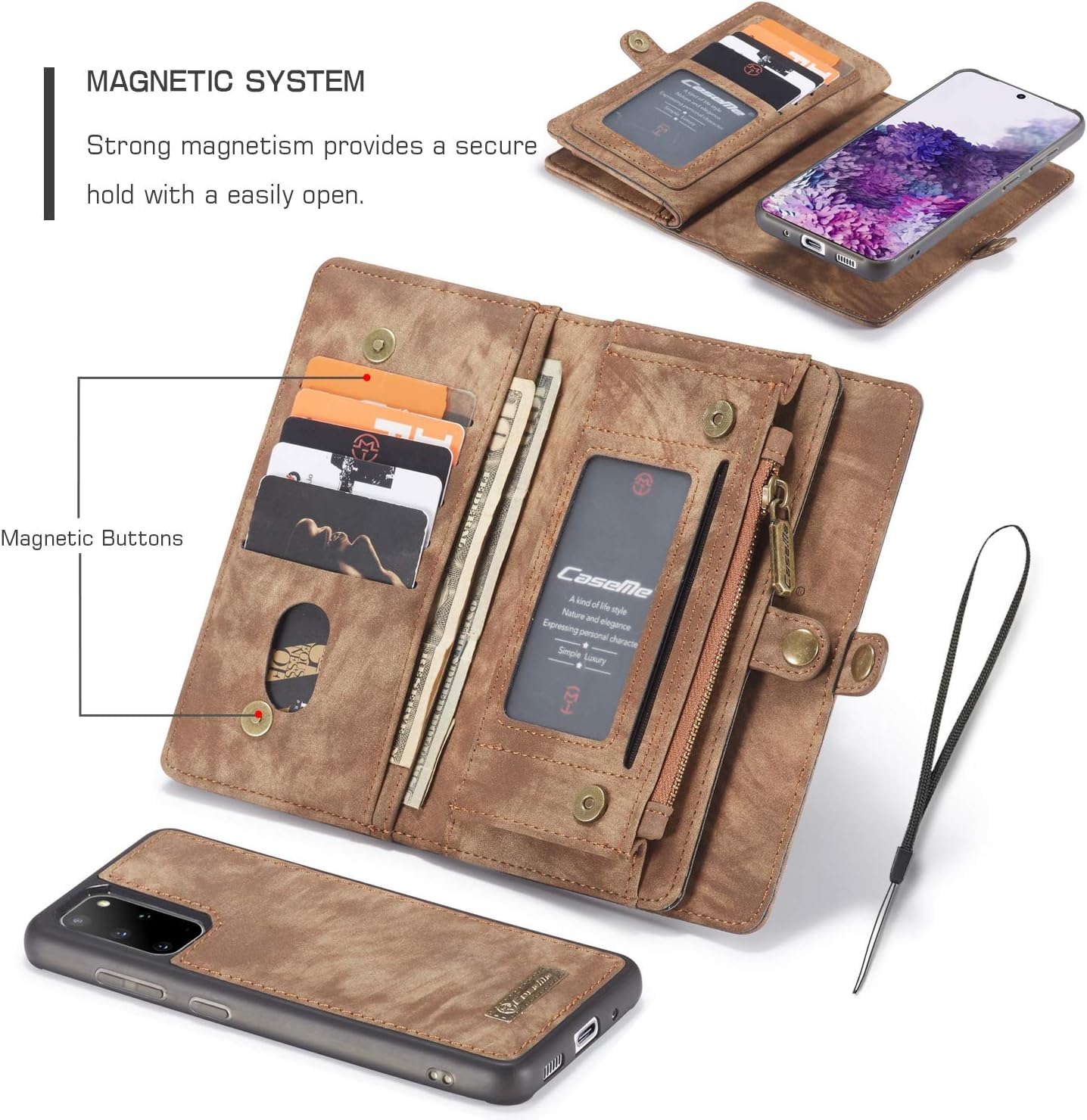 ANROD Detachable Leather Wallet Case for Samsung Galaxy S20 Plus,CaseMe Magnetic Closure 2-in-1 Flip TPU Shockproof Zipper Purse Back Cover with Card Slots (Coffee) - Image 5