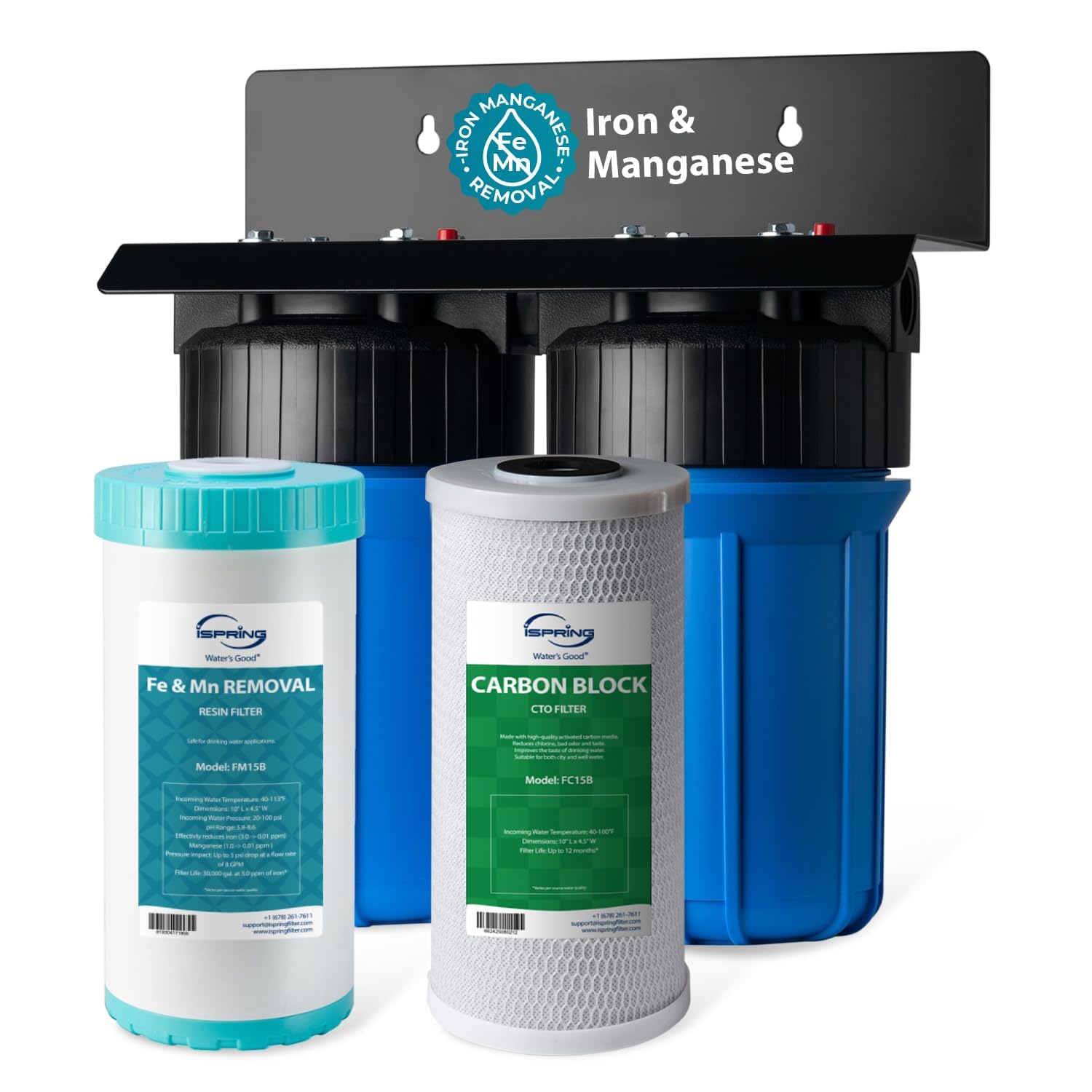 iSpring WGB21BM 2-Stage Whole House Water Filtration System, 10” x 4.5” Carbon Block and Iron & Manganese Reducing Filters, 1" Ports Image
