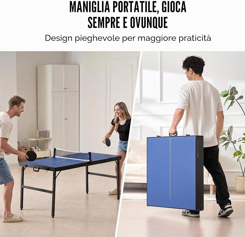 Tavolo da Ping Pong, Taglia Media, Set da Tavolo da Ping Pong Completo Portatile Pieghevole per Interni, con Rete, 2 Racchette, 3 Palline, Borsa per Trasporto, Maniglia (Non Richiede Montaggio)
