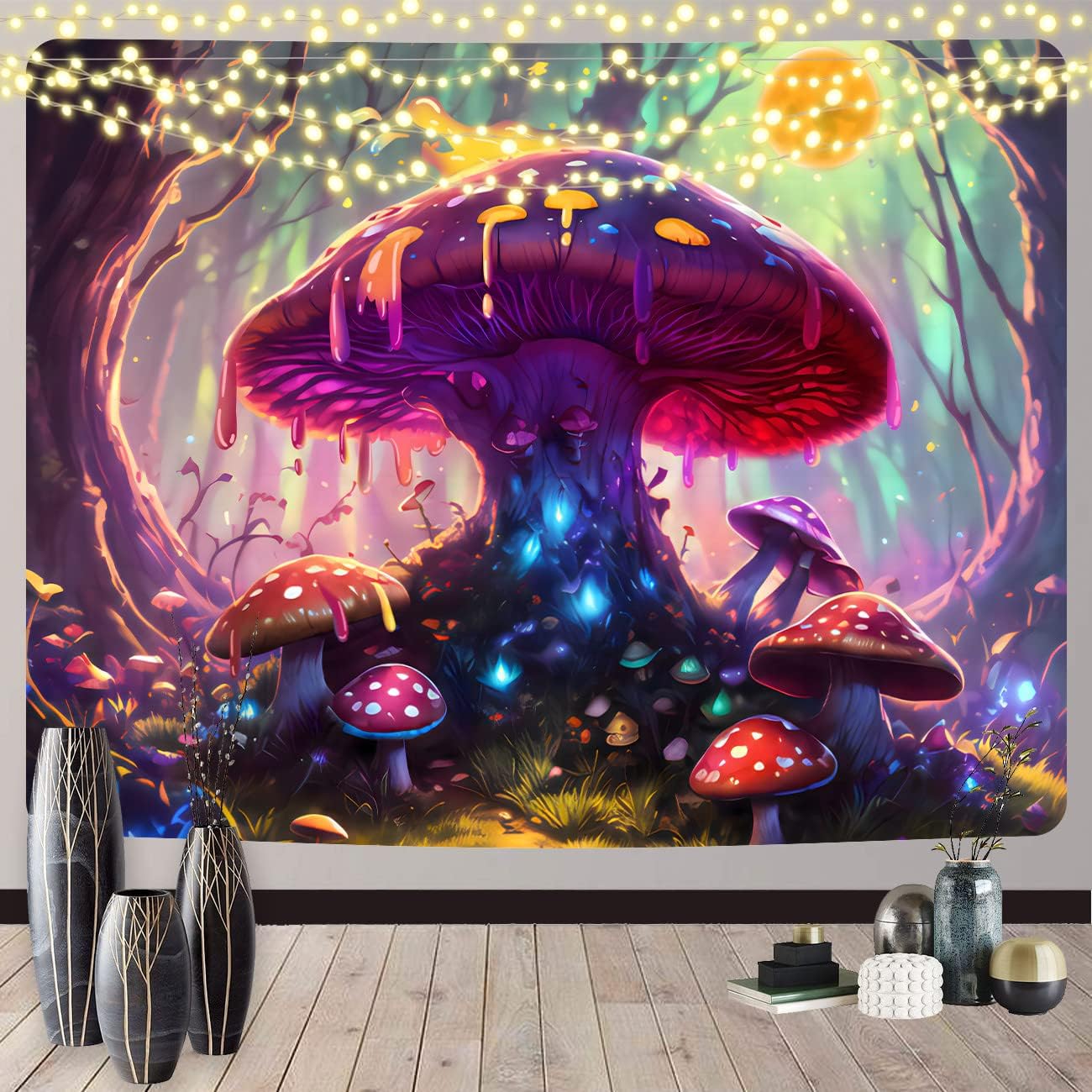 Tapestries - LZBXBXDA Blacklight Mushroom Tapestry Fantasy Plant Tapestry Glow in the Dark Mushroom Tapestry UV Reactive Black Light Moon Tapestries Posters Wall Hanging for Bedroom