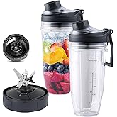 Replacement 6 Fins Female Blender Blade and 2 Cups with New handle Lids, Compatible with Ninja Auto iQ Blenders. 4Inch Female