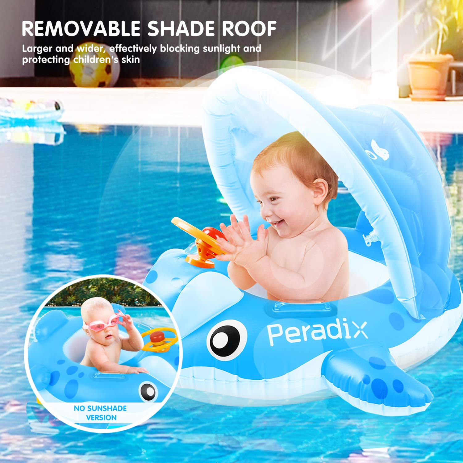 Peradix Piscina Salvagente per Bambini con Tettuccio Parasole Mutandina e Patch di Riparazione Baby Nuoto Anello Salvagente Regolabile Barca Gonfiabile Anello(Balena Blu)