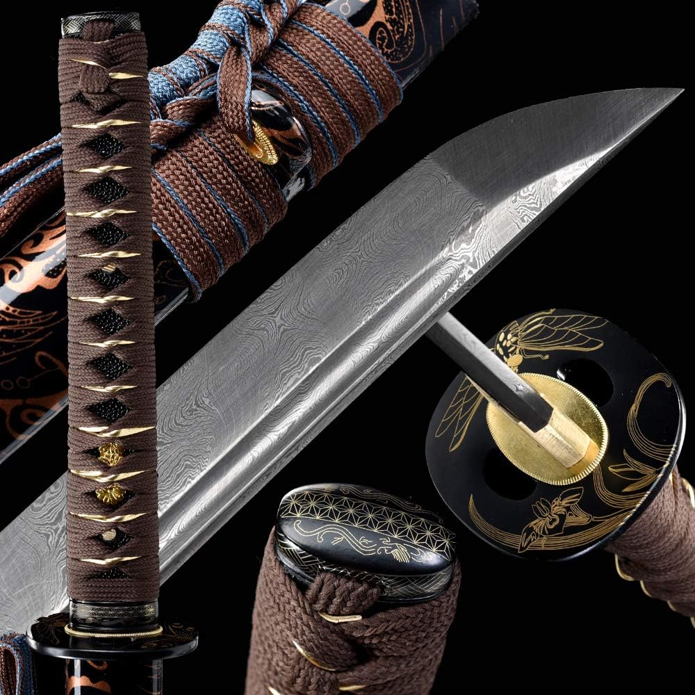Damascus Steel, Heat Tempered/Clay Tempered, Handmade Japanese Samurai Katana Sword, Functional, Hand Forged, Full Tang, Sharp,Battle Ready,Wooden Scabbard,Sharp Knife