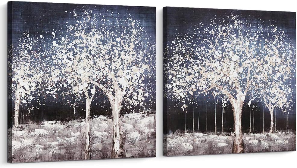 Pi Art Abstract Living Tree Blue Wall Art Hand Painted on Canvas Print Painting for Living Room and Office Wall Decor, Stretched Ready to Hang (32x32, Set)