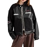 Bakyarder Women’s Faux Leather Moto Jacket Denim Patchwork Zip Up Streetwear Coats