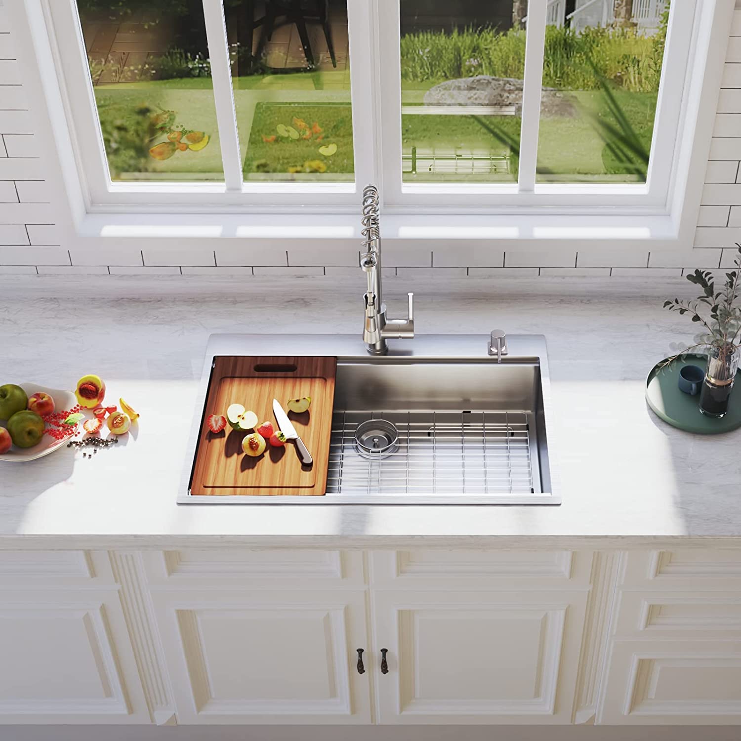 33 x 22 inch Drop In Kitchen Sink, HausinLuck SUS304 Stainless Steel Drop In Workstation Ledge Sinks Topmount Sink 18 Gauge, Handmade Over Counter Large Single Bowl Sink with Accessories (Pack of 5)