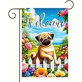 BlissYard Welcome Garden Flag Spring Summer Dog Garden Flag 12x18 Inch Double Sided Cute Pug Puppy Flags Floral Fence Outdoor Yard Lawn Porch Patio Home Decor Banner