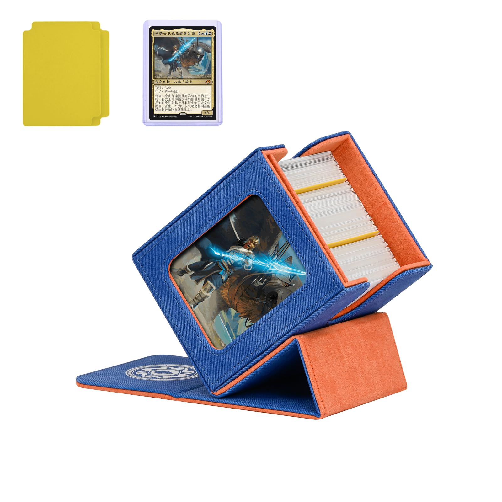 Infinity Guard Card Deck Box for MTG with Commander Display for 100+ Double Sleeved Cards, Magnetic Card Storage Box Fits for TCG Sports Trading Cards (Blue&Orange)