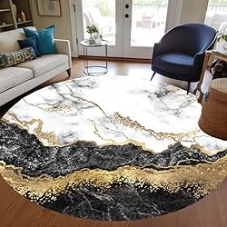Black Grey Gold Marble Abstract Round Area Rug for