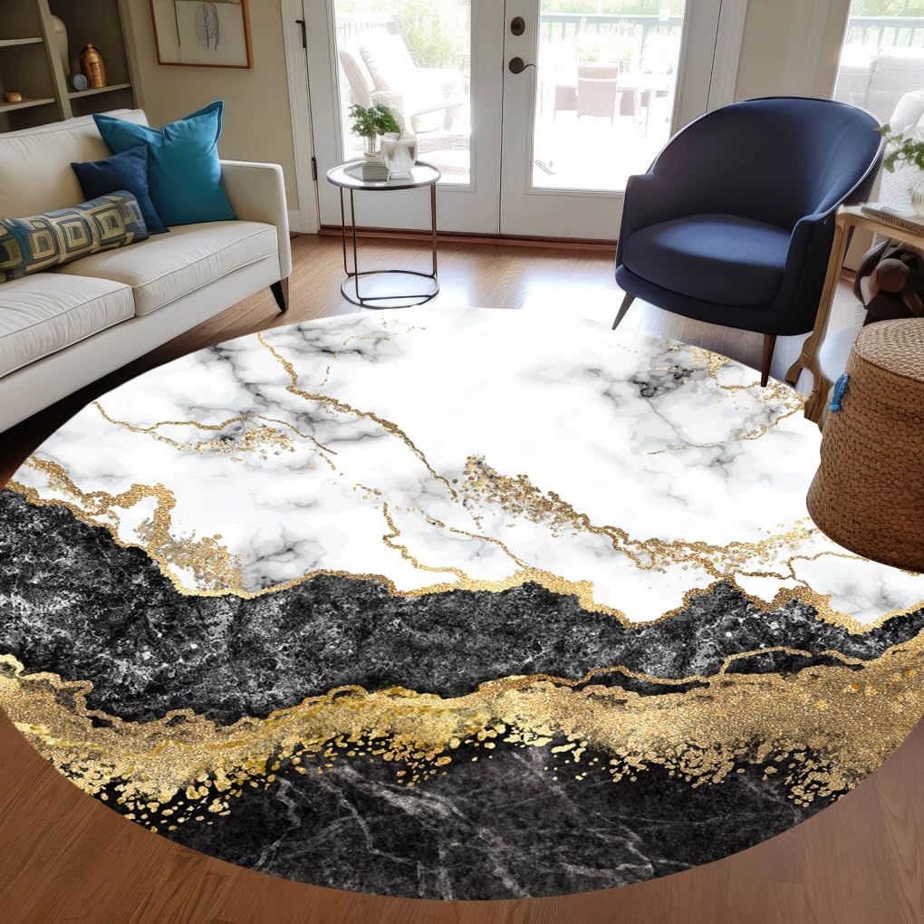 Black Grey Gold Marble Abstract Round Area Rug for