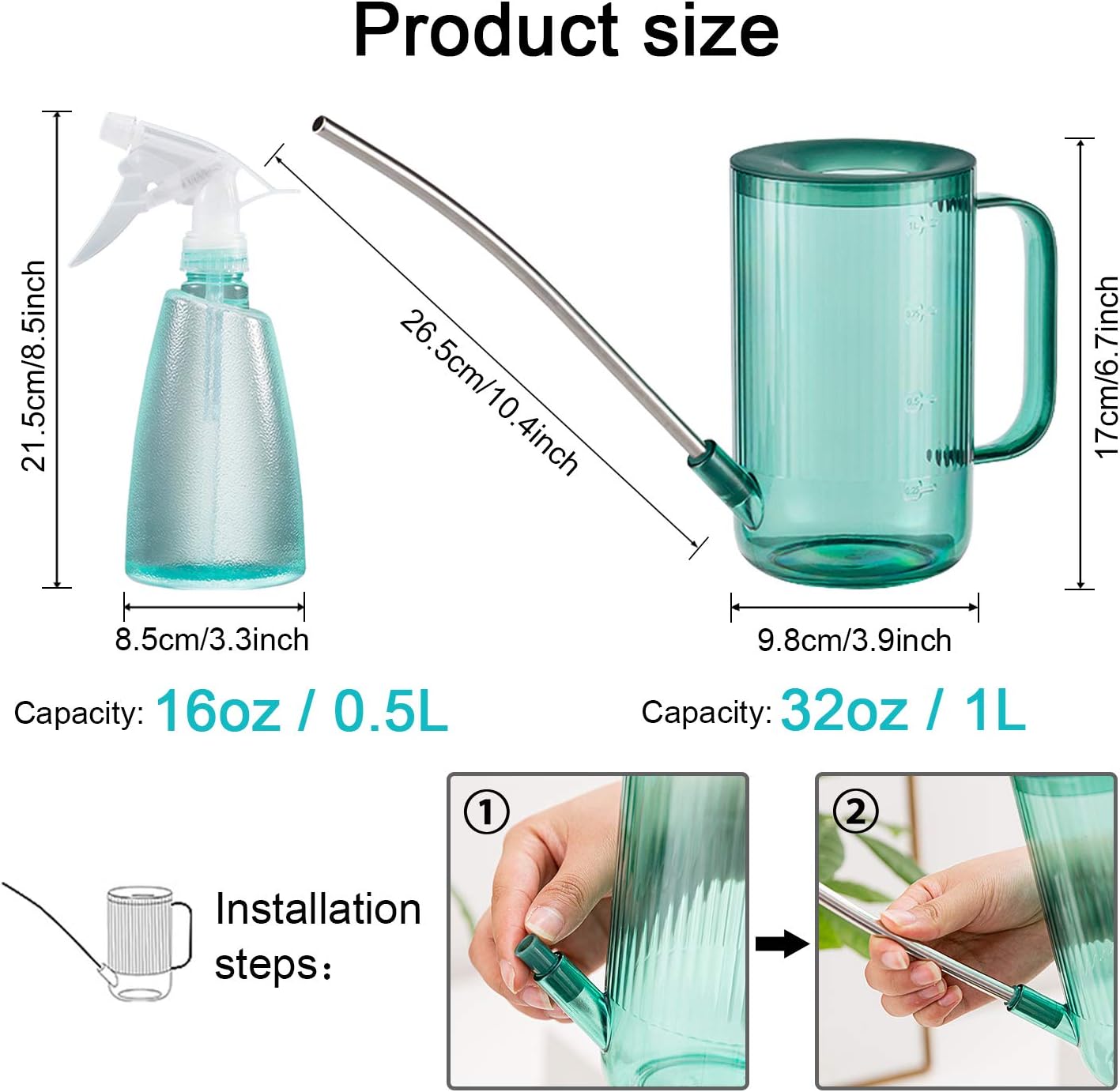 Vaupan Plant Watering Can, Stainless Steel Long Spout Watering Pot with 500ml Fine Mist Spray Bottle for Watering Indoor Outdoor Plants, Succulents and Flowers (34oz/1L Green) : Garden & Outdoor
