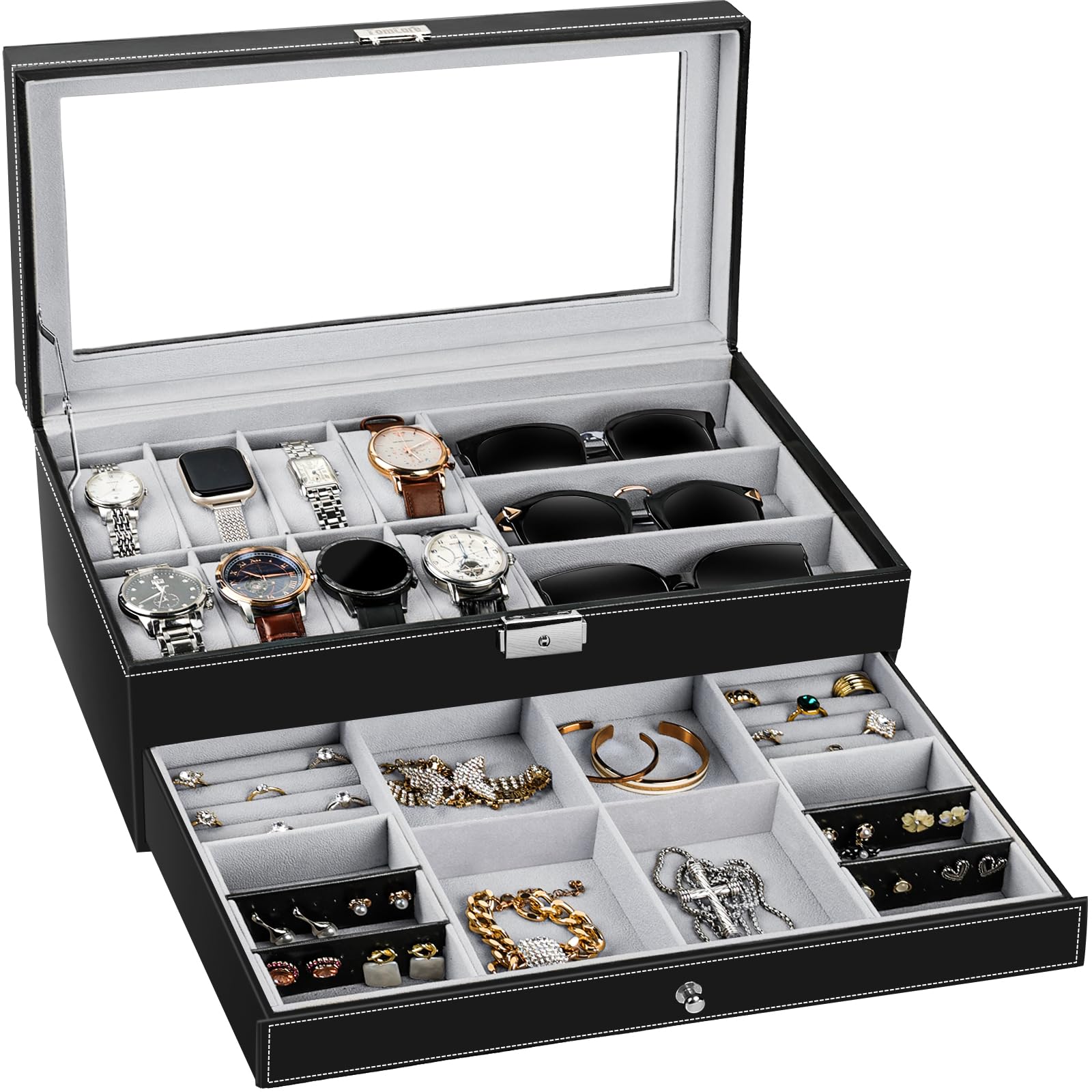 thumbnail image 2 of USJS Black Glass Top Jewelry Display Box – 12 Compartments – Wood With Leatherette Finish 2 of 6