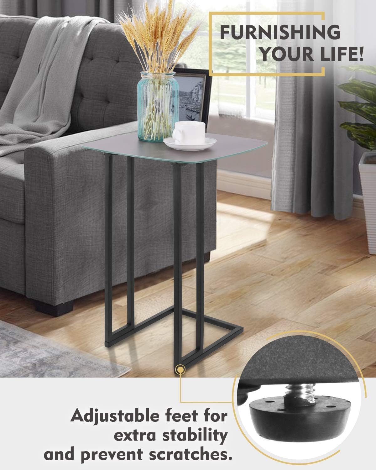 Modern End Table, Rolling C Shaped Side Table with Casters, Italian-Designed Tempered Glass Top, Weatherproof Outdoor & Indoor, Dark Gray Finish Coffee Table, Nightstand, TV Trays, ET220A-GY: Kitchen & Dining