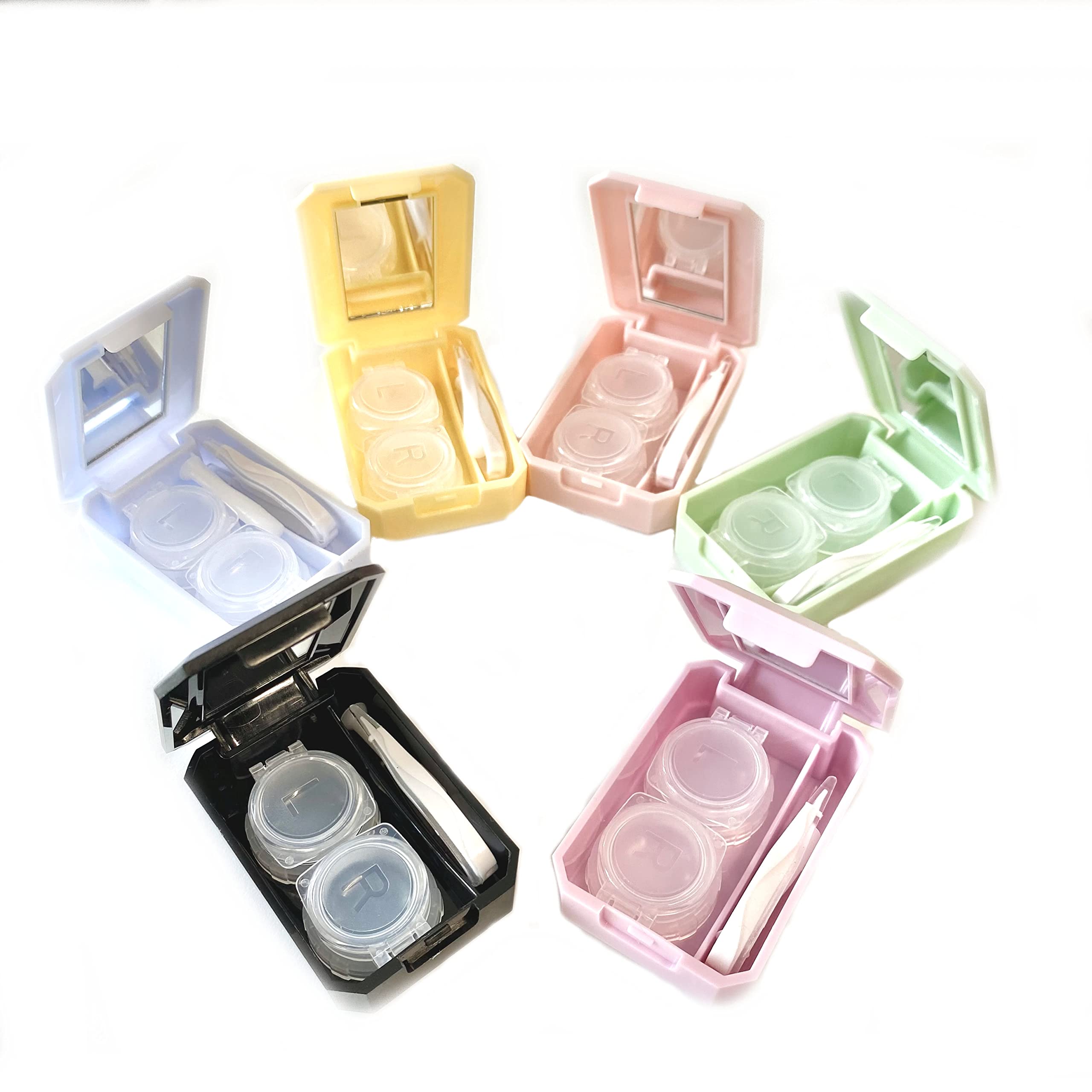 Pops & Coco Contact Lenses Compact Travel Storage Case and Applicator Soaking Kit with Mirror Pastel Pink Lilac Yellow Green Blue Black (Blue)