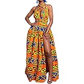Vimoisa Women Sexy Boho African Long Maxi Dress V-Neck Multi-Way Pleated Floral Print Dresses