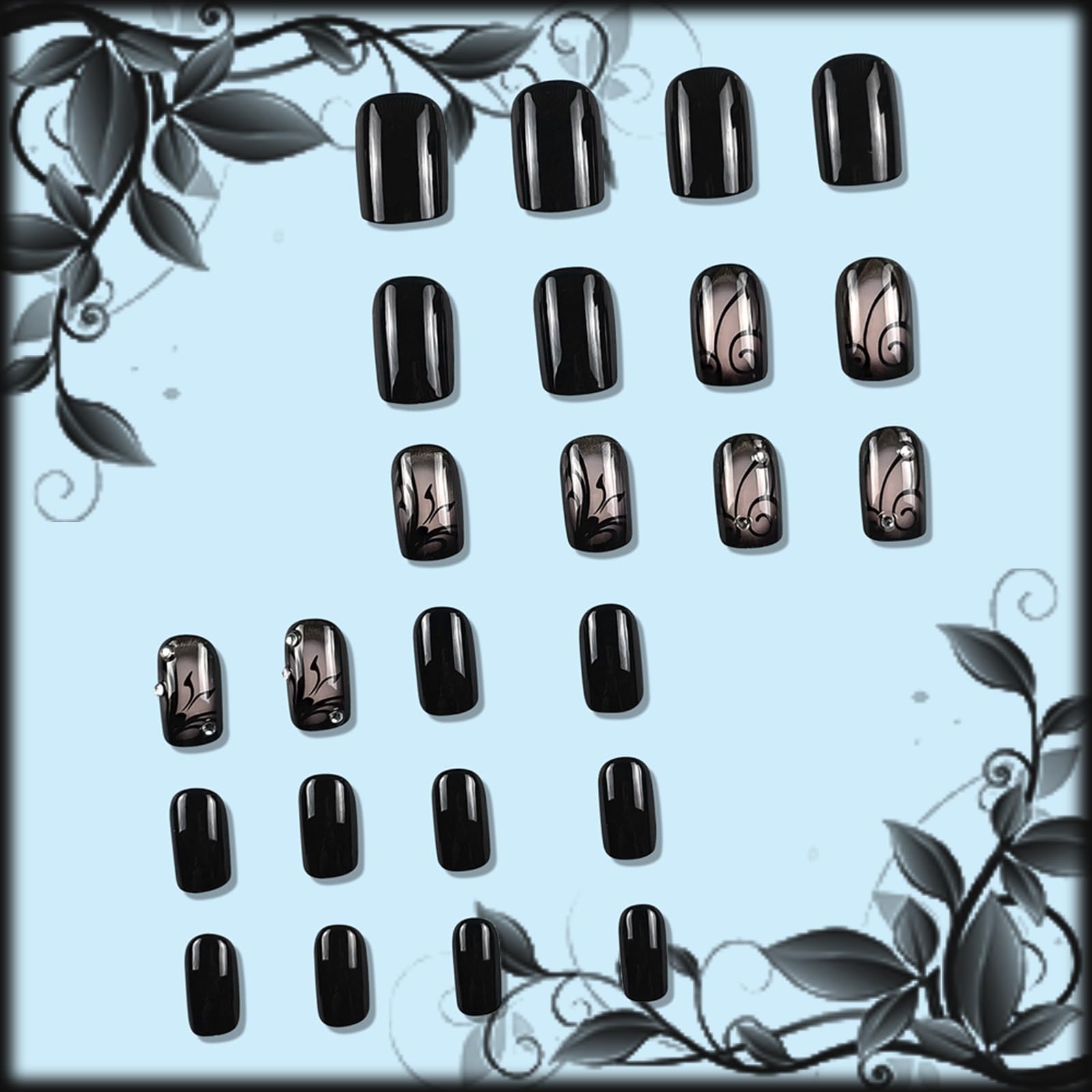 Curve Line Press on Nails Glossy Black Ins Medium Square False Nails Dark Vine Gel Glue on Nails, Rhinestones Acrylic Fake Nails Crystal Stick on Nails for Manicure Art Coquette Women Girls 24Pcs - Image 6