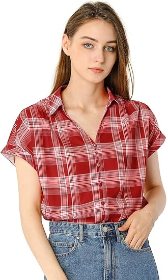 Amazon Allegra K チェックシャツ チェック柄 スプリットネック 半袖 レディース シャツ ブラウス 通販