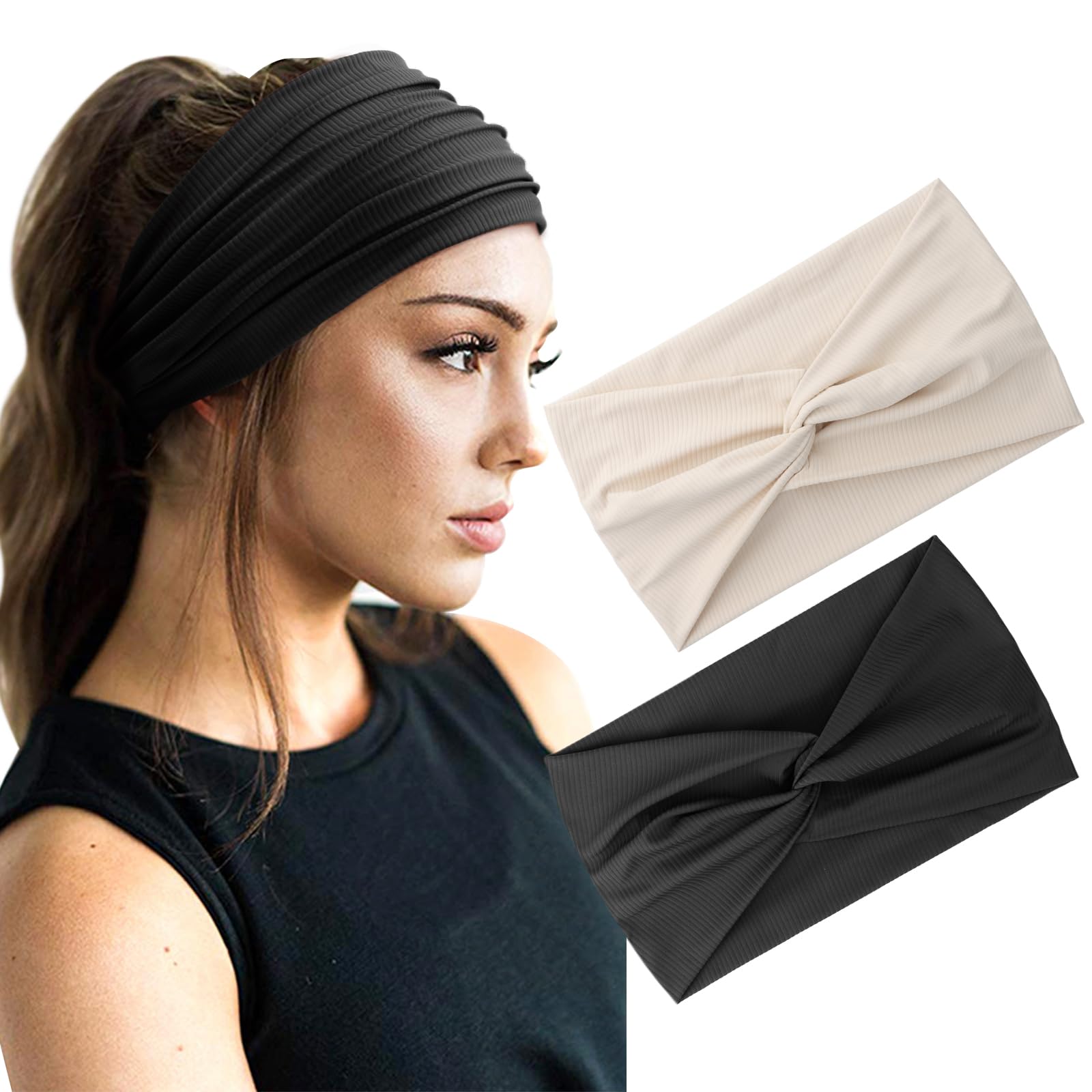 DRESHOW 2 Pack Turban Headbands for Women Wide Vintage Head Wraps Knotted Cute Hair Bands Accessories
