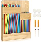 Threehoney Reusable Bamboo Large Capacity Straw Holder Dispenser Organizer, 11.81" x 9.84" Stick on Cabinet Door Organizer Suitable for Cabinet Straw Storage, Kitchen Counter