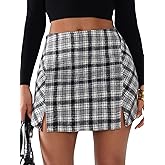 EXLURA Women's Fashion Faux Wool Mini Skirt High Waisted Y2K Trendy Side Slit Tweed Plaid Skirts 2025 Fall Winter Outfits