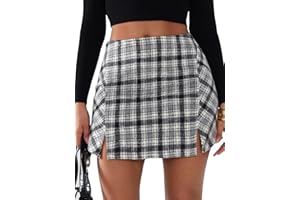 EXLURA Women's Fashion Faux Wool Mini Skirt High Waisted Y2K Trendy Side Slit Tweed Plaid Skirts 2025 Fall Winter Outfits
