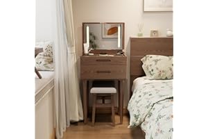 KASLANDI Solid Wood Vanity Desk with Plip Top Mirror & Lights, Small Makeup Vanity with Drawers, 3 Lighting Modes Adjustable Brightness, Vanity Table for Bedroom and Living Room (Walnut)