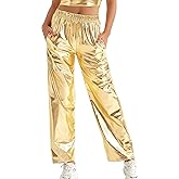 FEOYA Women's Shiny Metallic Rave Pants Elastic High Waist Wide Leg Trousers Hip Hop Disco Jogger Sweatpants Clubwear